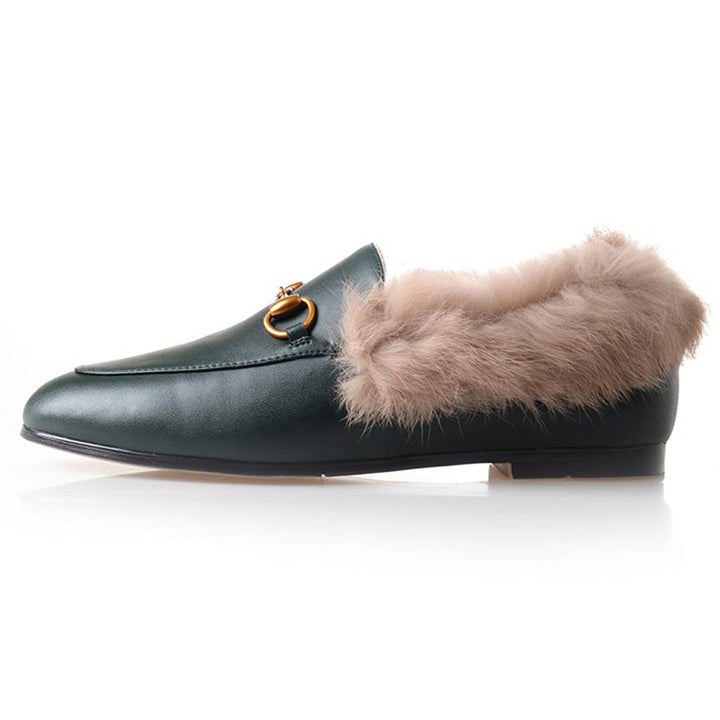 Womens Horsebit Chain Fur Slip-on Penny Loafers