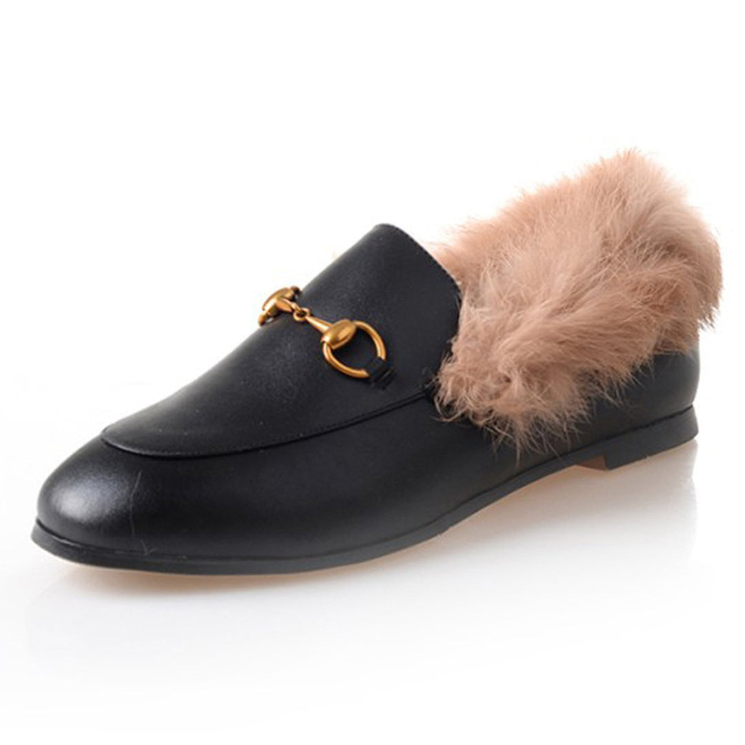 Womens Horsebit Chain Fur Slip-on Penny Loafers