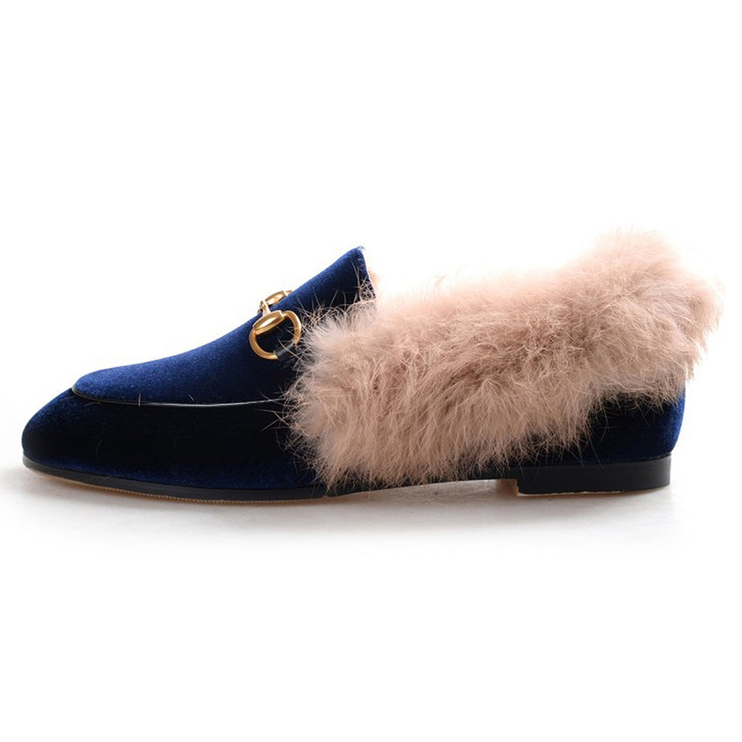 Women Classic Horsebit Velvet Fur Flat Loafers