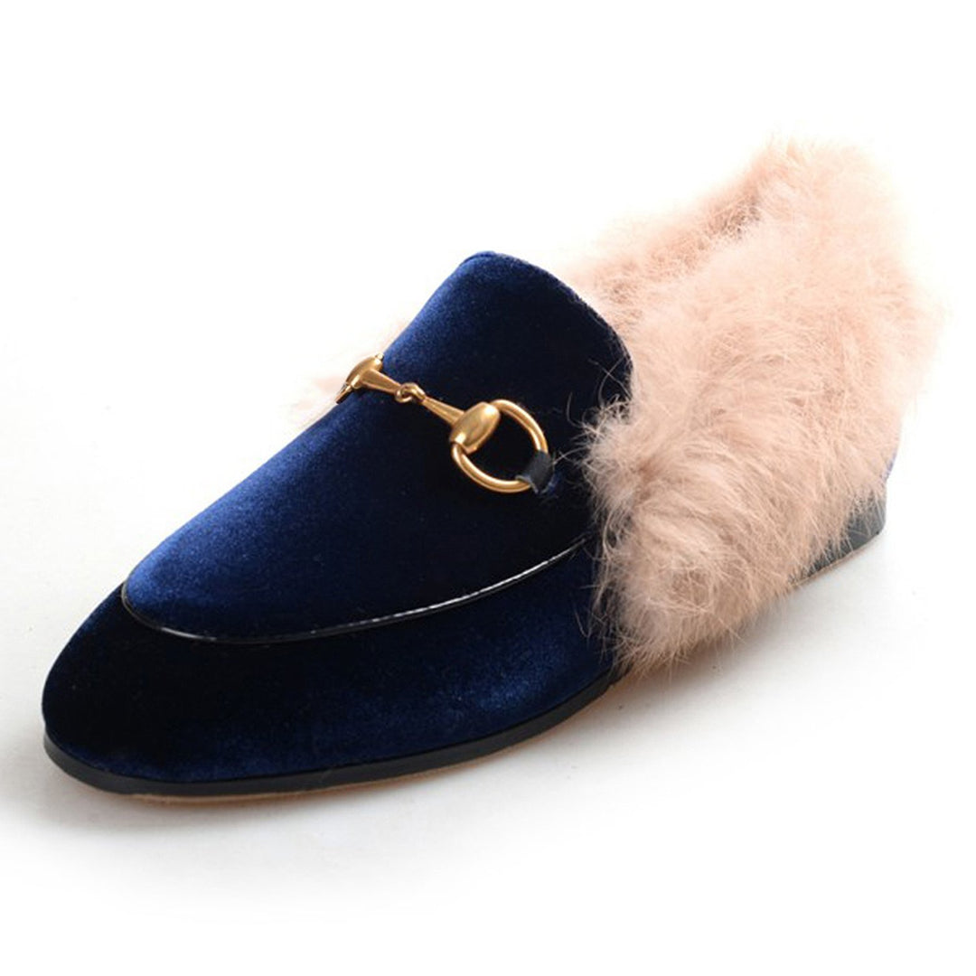 Women Classic Horsebit Velvet Fur Flat Loafers