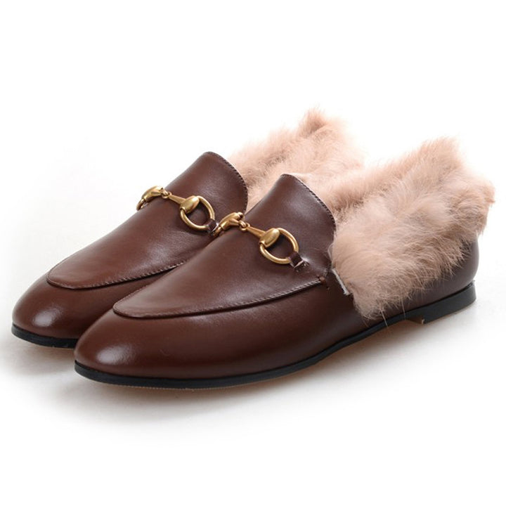 Womens Horsebit Chain Fur Slip-on Penny Loafers