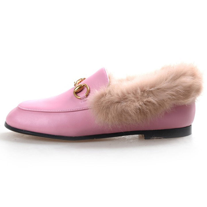 Womens Horsebit Chain Fur Slip-on Penny Loafers