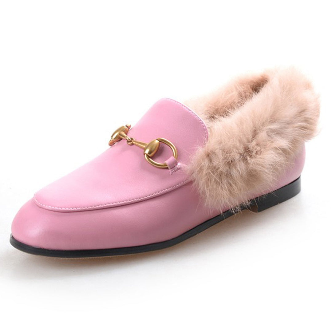 Womens Horsebit Chain Fur Slip-on Penny Loafers