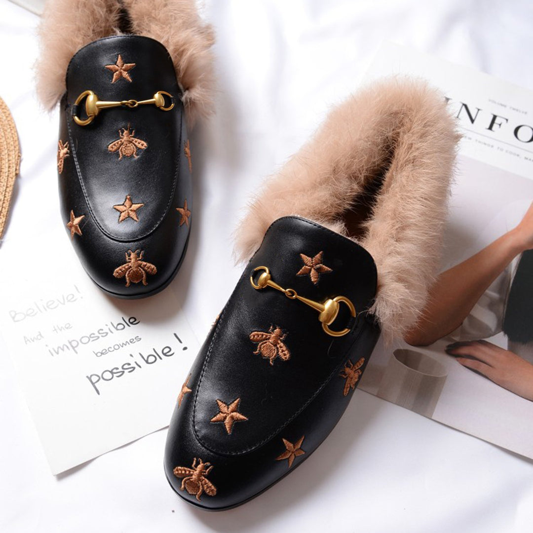Women Horsebit Bee Star Embroidered Fur Loafers