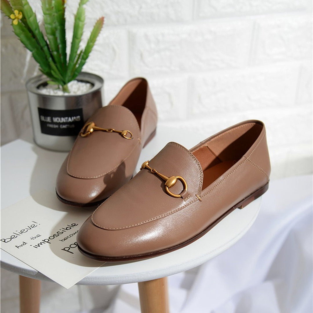 Women Classic Metal Buckle Leather Loafers Flat Shoes