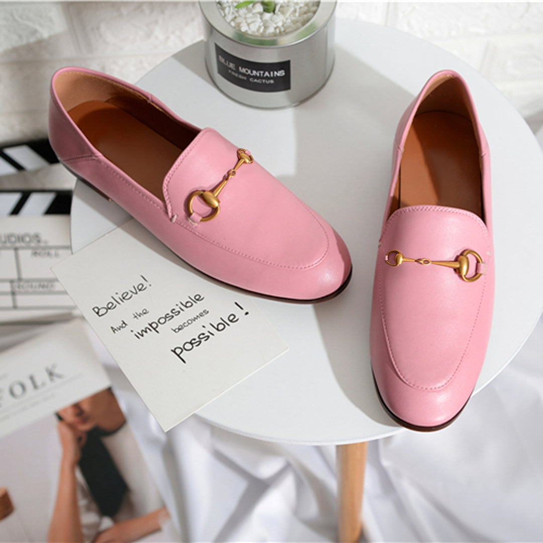 Women Classic Metal Buckle Leather Loafers Flat Shoes