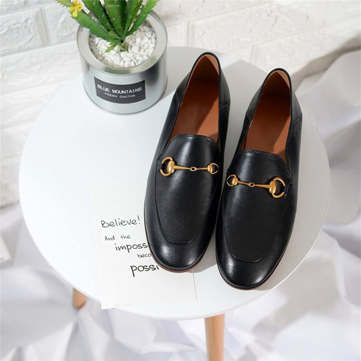 Women Classic Metal Buckle Leather Loafers Flat Shoes