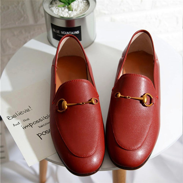 Women Classic Metal Buckle Leather Loafers Flat Shoes