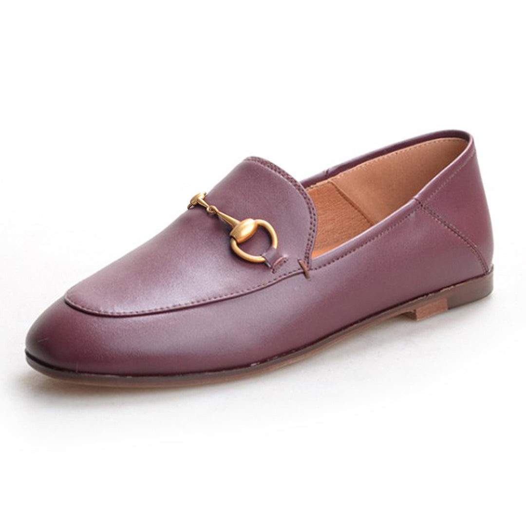 Women Classic Metal Buckle Leather Loafers Flat Shoes