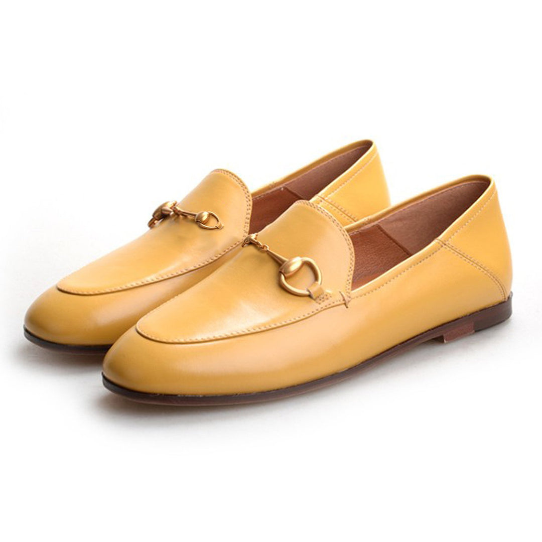 Women Classic Metal Buckle Leather Loafers Flat Shoes