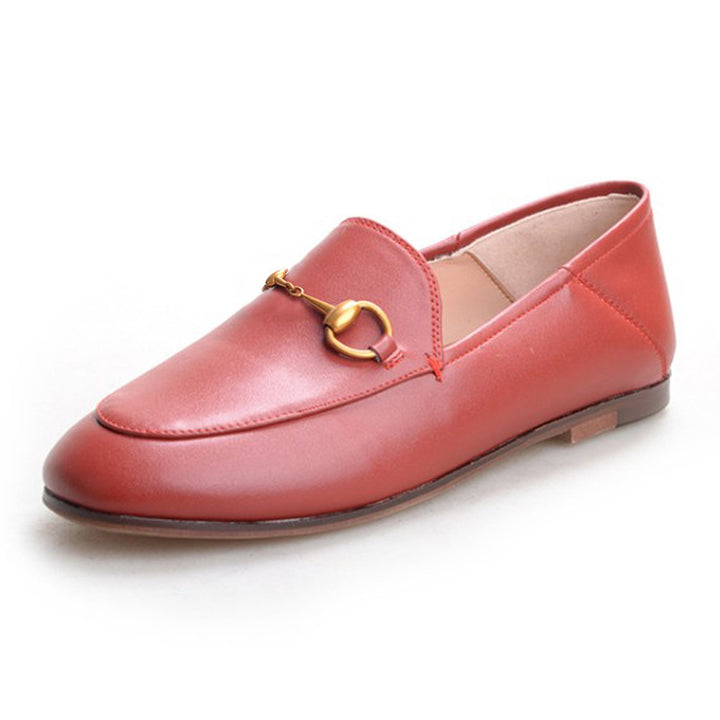 Women Classic Metal Buckle Leather Loafers Flat Shoes