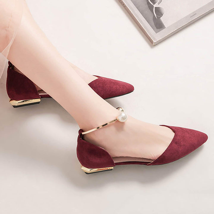 Womens Pearl Buckle Pointed Toe Flat Shoes