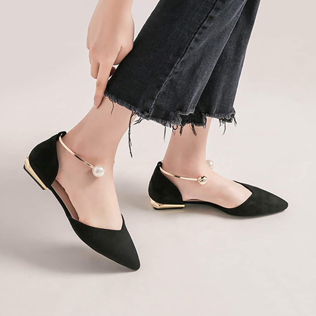 Womens Pearl Buckle Pointed Toe Flat Shoes
