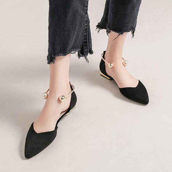 Womens Pearl Buckle Pointed Toe Flat Shoes