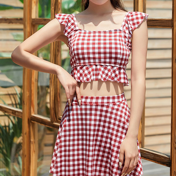 Sweet Swimsuits 2-Piece Set Plaid Ruffles Bathing Suits for Women