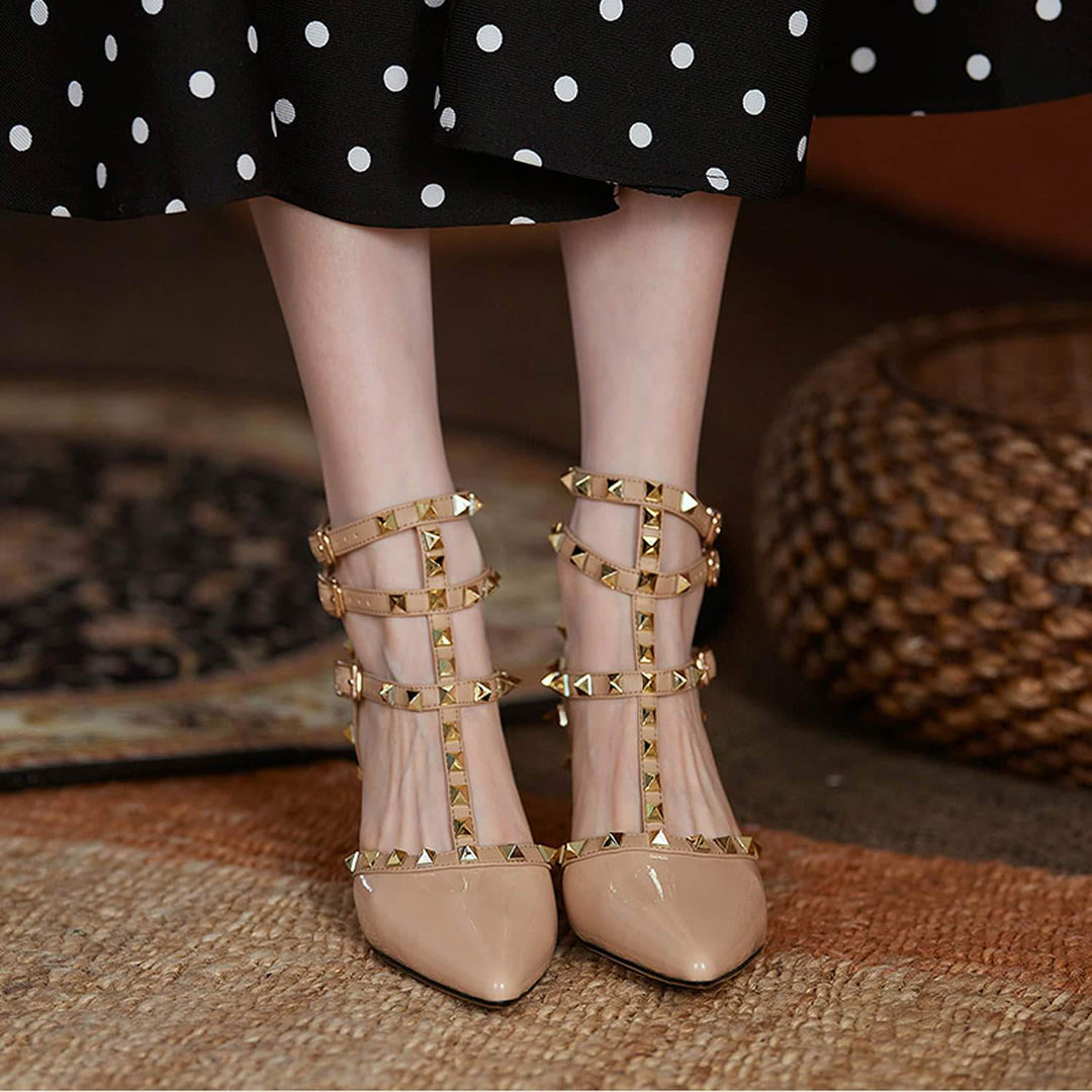 Womens High Heel Pointed Rivet Sandals