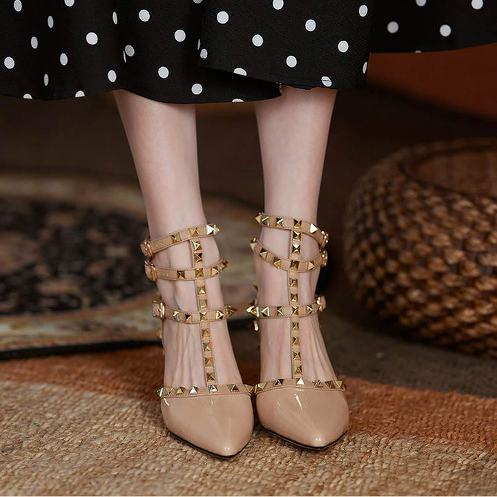 Womens High Heel Pointed Rivet Sandals