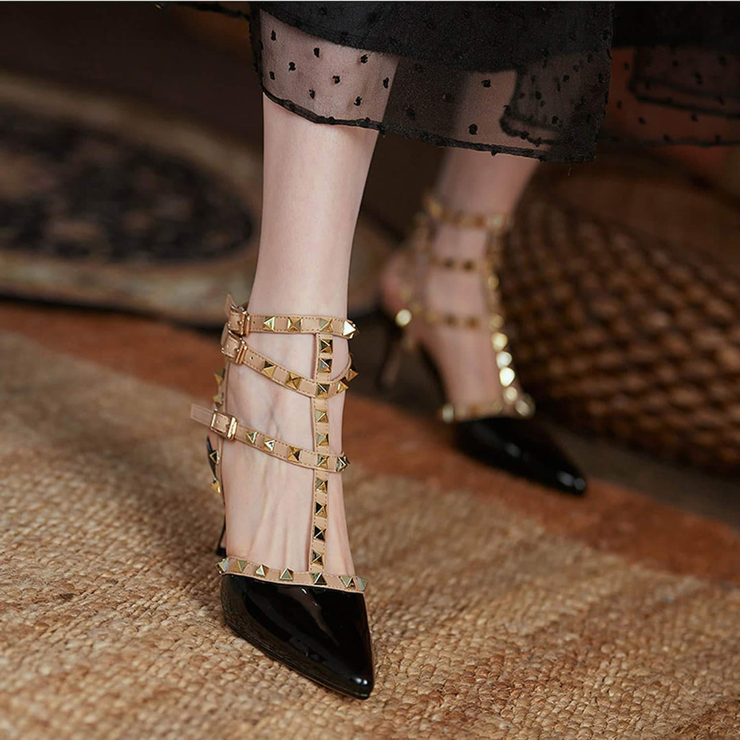 Womens High Heel Pointed Rivet Sandals
