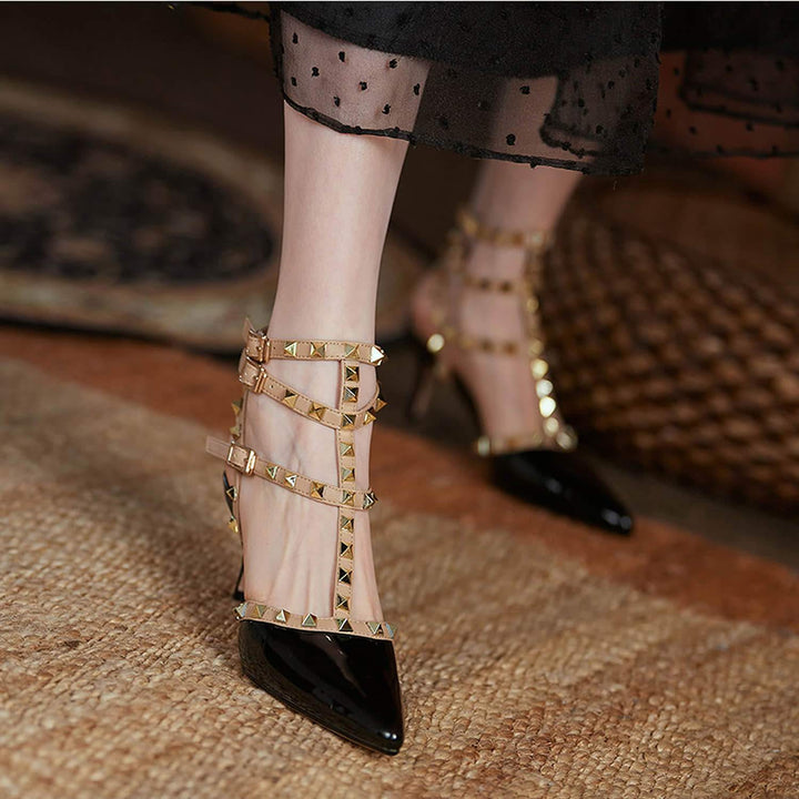Womens High Heel Pointed Rivet Sandals