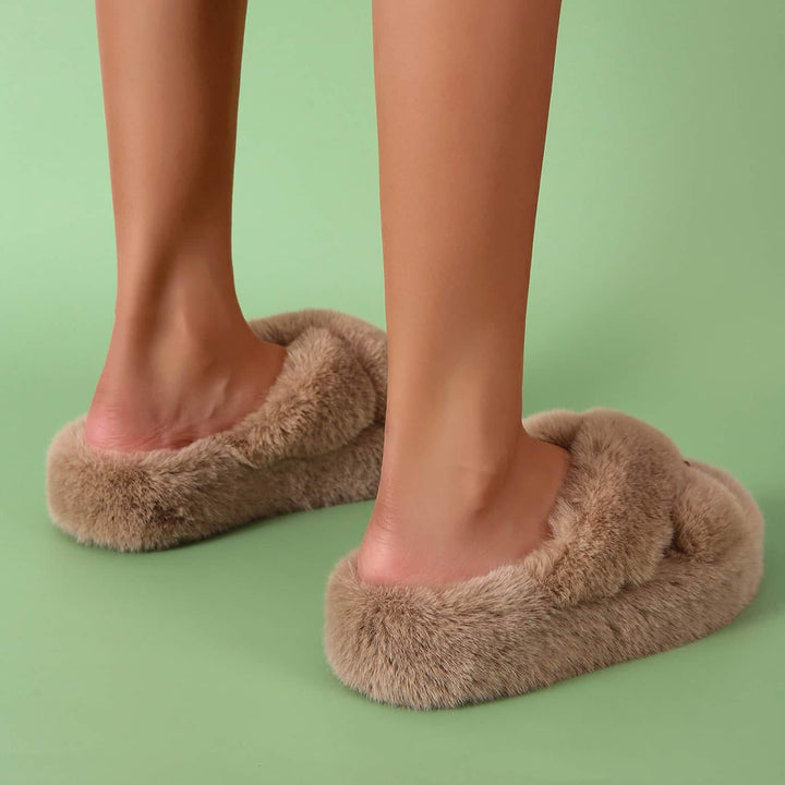 Women Cross Band Soft Plush House Indoor Outdoor Bottom Slippers