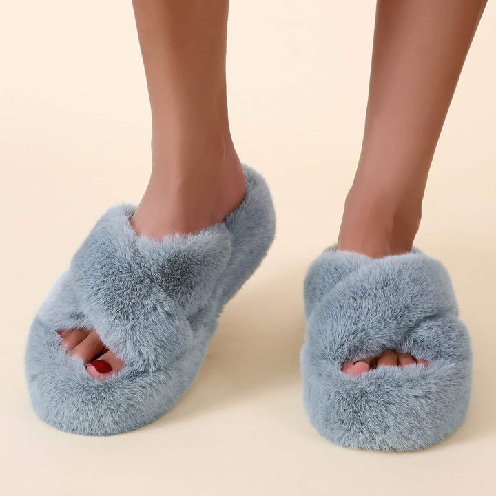 Women Cross Band Soft Plush House Indoor Outdoor Bottom Slippers