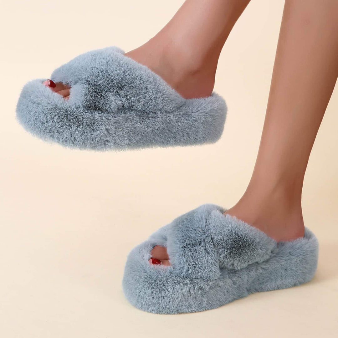 Women Cross Band Soft Plush House Indoor Outdoor Bottom Slippers