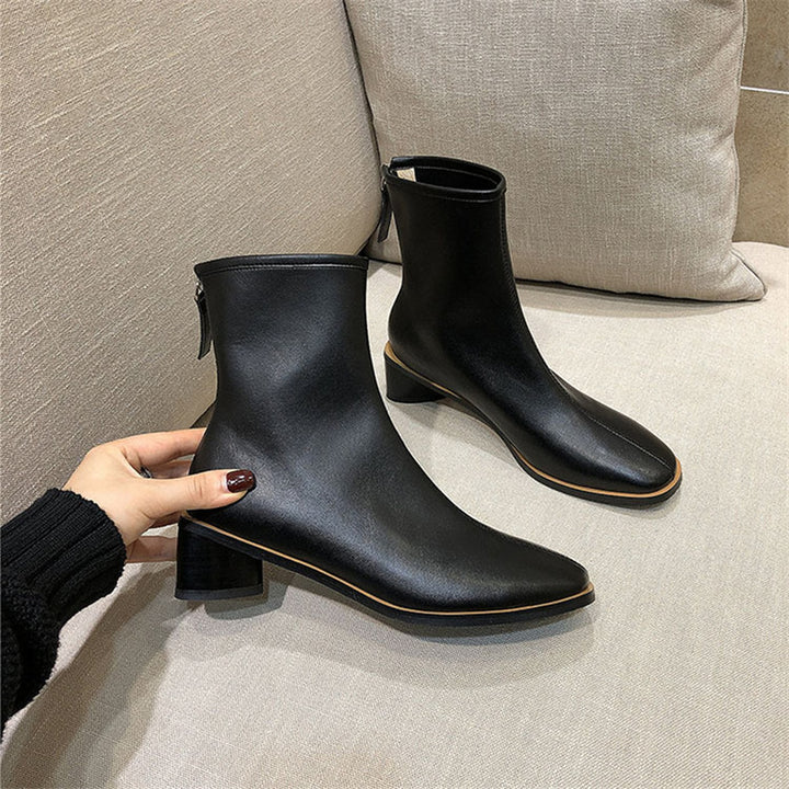 Womens Square Thick Leather Zipper Mid-calf Boots