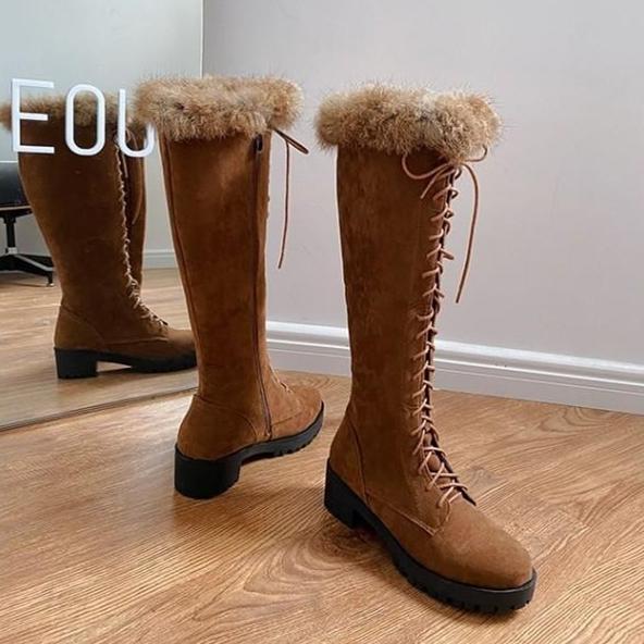 Women Knee High Faux Fur Winter Lace Up Boots