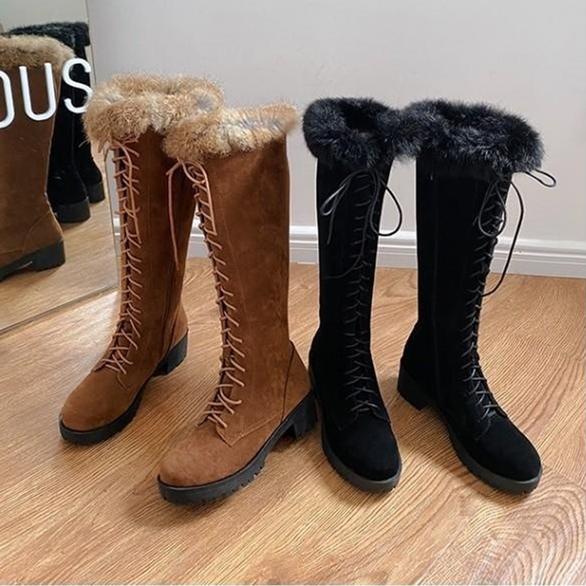 Women Knee High Faux Fur Winter Lace Up Boots