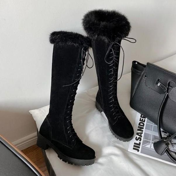 Women Knee High Faux Fur Winter Lace Up Boots