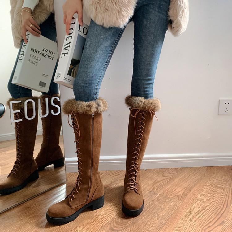 Women Knee High Faux Fur Winter Lace Up Boots