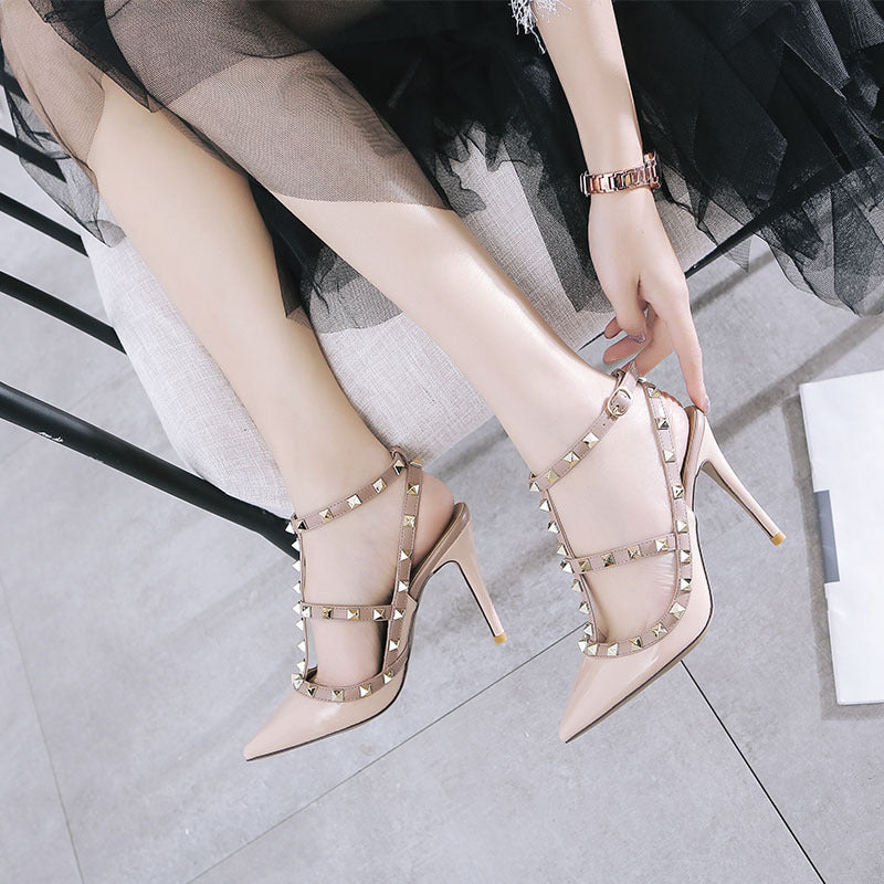 Womens High Heels Rivet T-Strap Pumps Shoes