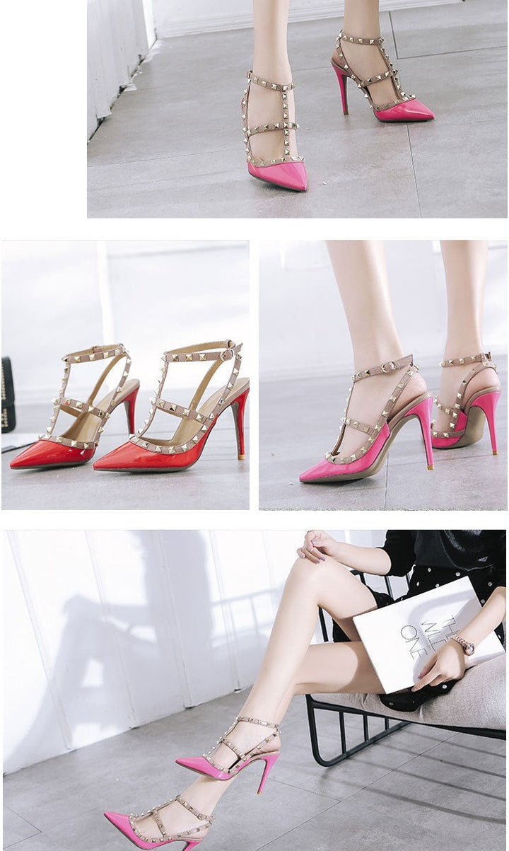 Womens High Heels Rivet T-Strap Pumps Shoes