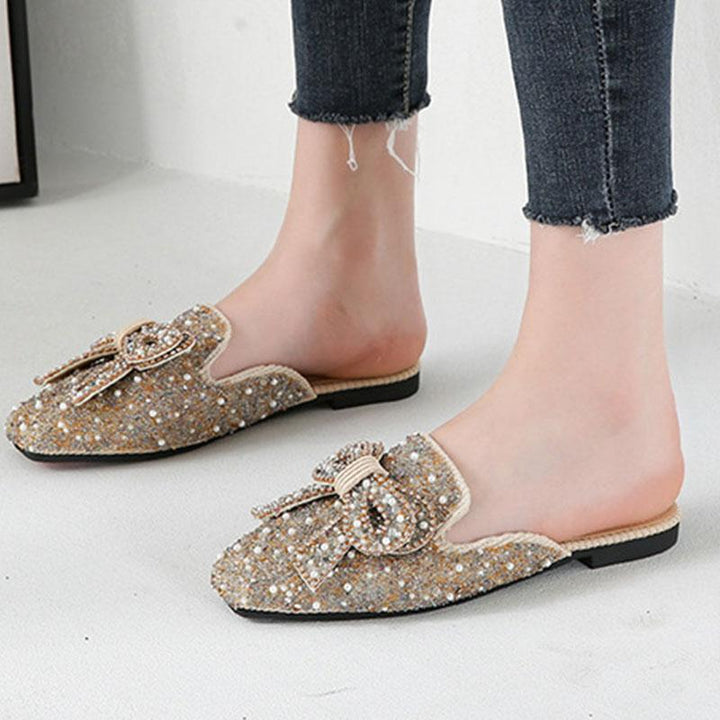 Square toe beaded bowknot flat slippers