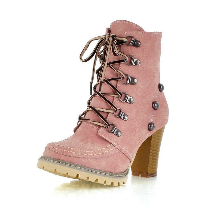 Womens Combat Ankle Boots High Block Heels Shoes Rivet Military Lace Up Boots