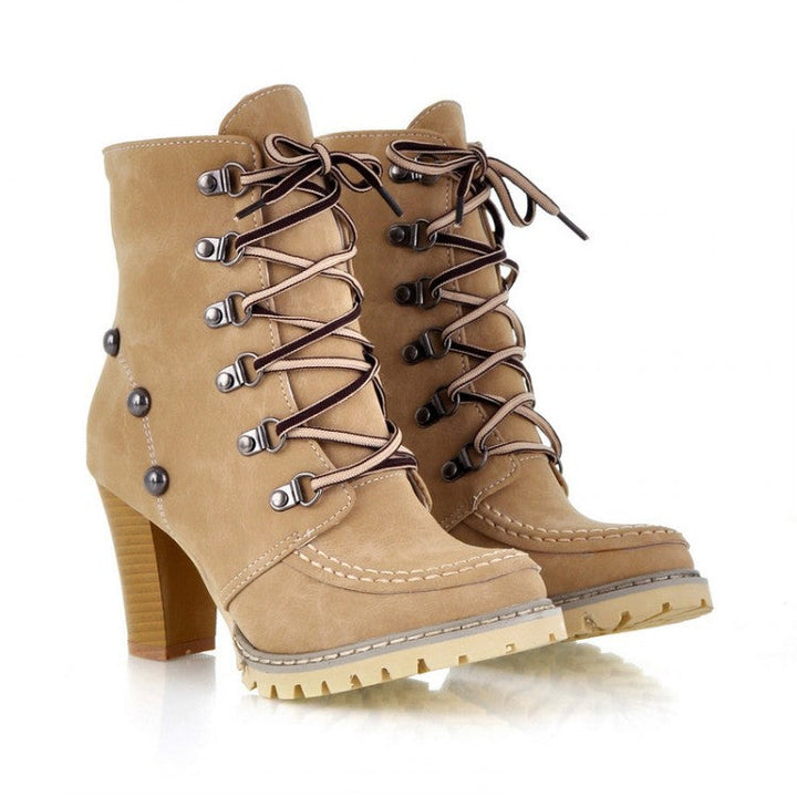 Womens Combat Ankle Boots High Block Heels Shoes Rivet Military Lace Up Boots