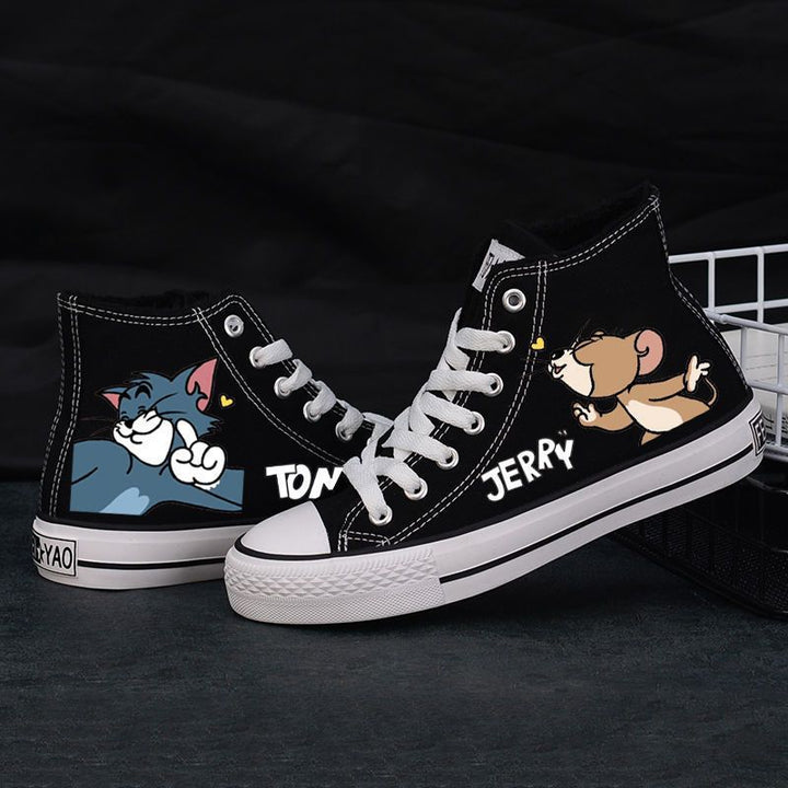 Womens Cartoon Cute Cat Mouse Print Canvas Shoes