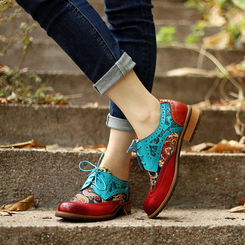 Womens Bohemian Handmade Brogue Lace-up Leather Shoes