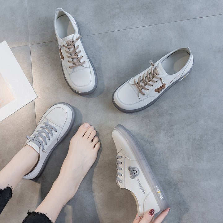Womens Cute Bear Lace-up Leather Sneakers