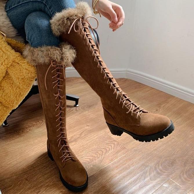 Women Knee High Faux Fur Winter Lace Up Boots