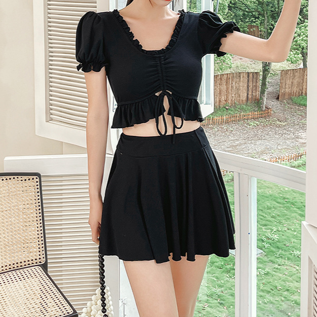 Two-piece Swimsuit Ruffled Black Top and Skirt Set Bathing Suit Lace-up Swimwear