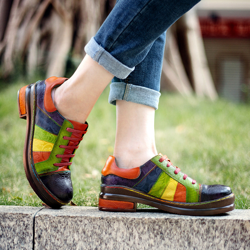 Womens Rainbow Leather Lace-up Platform Brogues Oxford Shoes