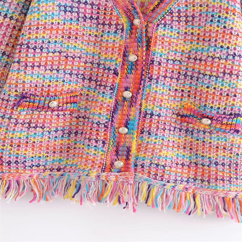 Rainbow Color Knitted Sweater Fringe Cardigan