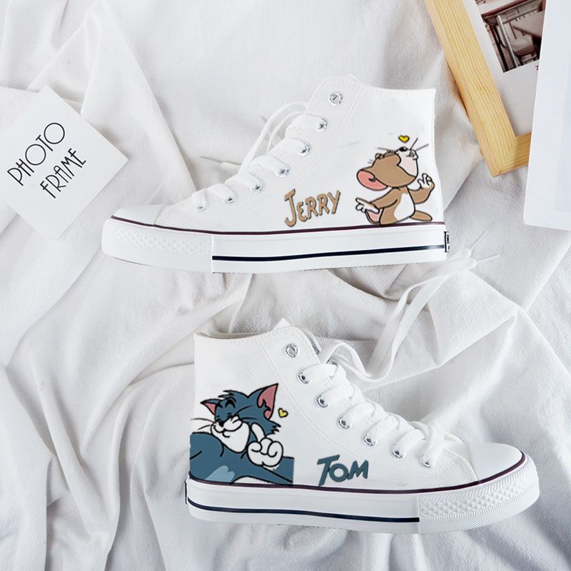 Womens Cartoon Cute Cat Mouse Print Canvas Shoes