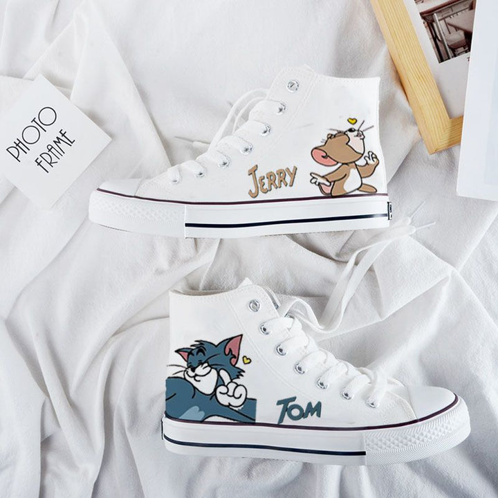 Womens Cartoon Cute Cat Mouse Print Canvas Shoes