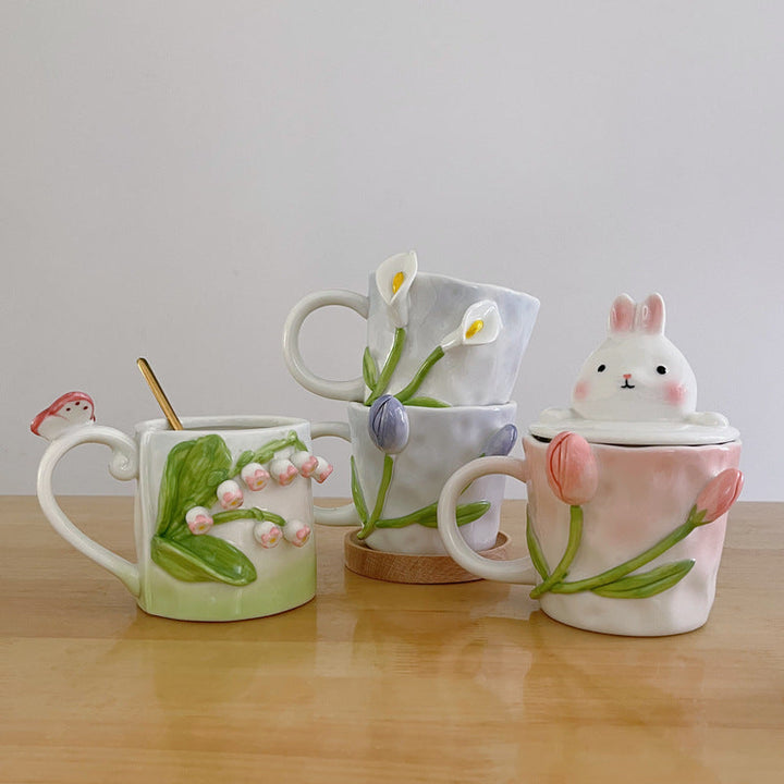 Elegant Handmade 3D Embossed Hand Painted Floral Mugs Gift