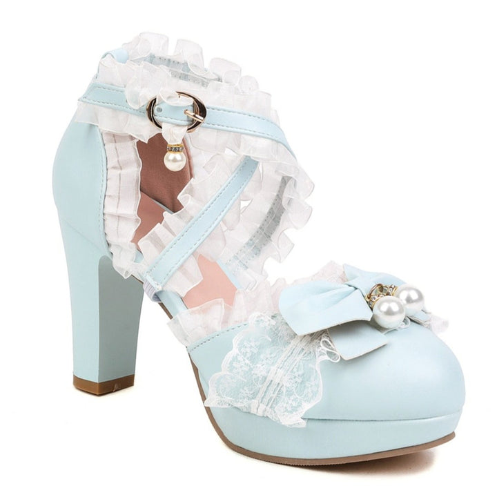 Lolita Shoes Bows Ruffles Pearls Round Toe PU Leather