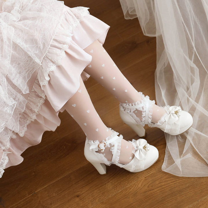 Lolita Shoes Bows Ruffles Pearls Round Toe PU Leather
