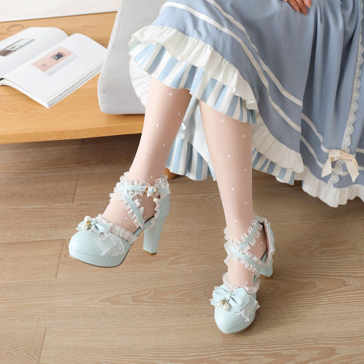 Lolita Shoes Bows Ruffles Pearls Round Toe PU Leather