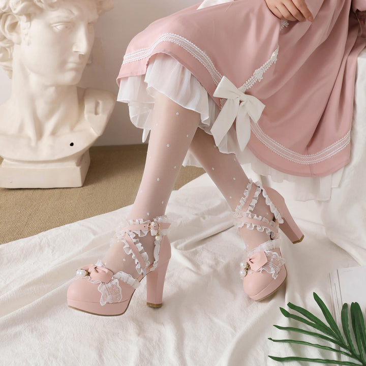 Lolita Shoes Bows Ruffles Pearls Round Toe PU Leather